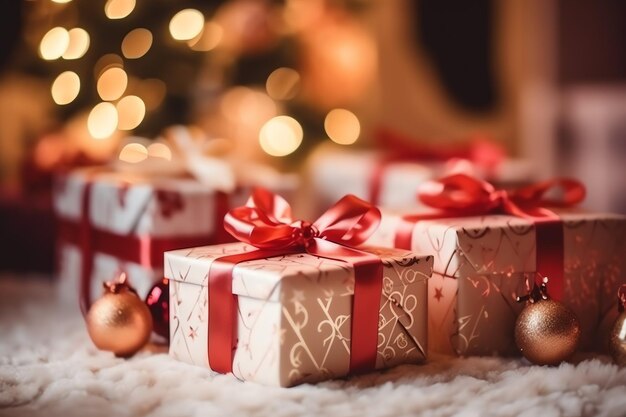 Świąteczny prezent xmas lub pudełko prezentów przedmioty na świąteczny nastrój tło w zimie Wesołych Świąt