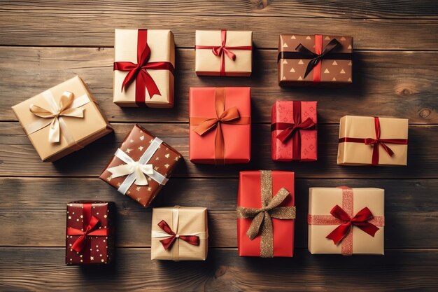 Świąteczny prezent xmas lub pudełko prezentów przedmioty na świąteczny nastrój tło w zimie Wesołych Świąt