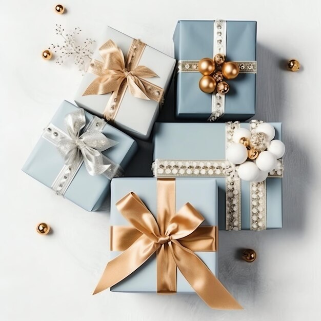 Świąteczny prezent xmas lub pudełko z prezentami na tle świątecznego nastroju zimą Wesołych Świąt
