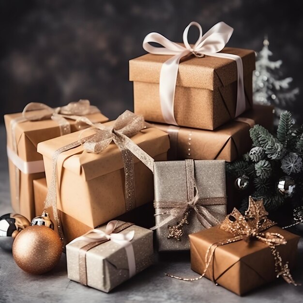 Świąteczny prezent xmas lub pudełko z prezentami na tle świątecznego nastroju zimą Wesołych Świąt