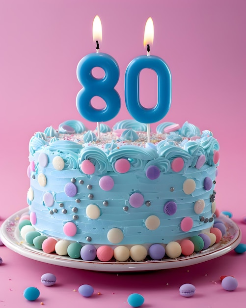 Świąteczny pyszny tort urodzinowy z świecą numer 80 Osiemdziesiąt lat