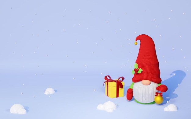 Świąteczny skandynawski gnom w czerwonym kapeluszu z pudełkiem na prezent i zabawką choinkową 3D renderuje ilustrację