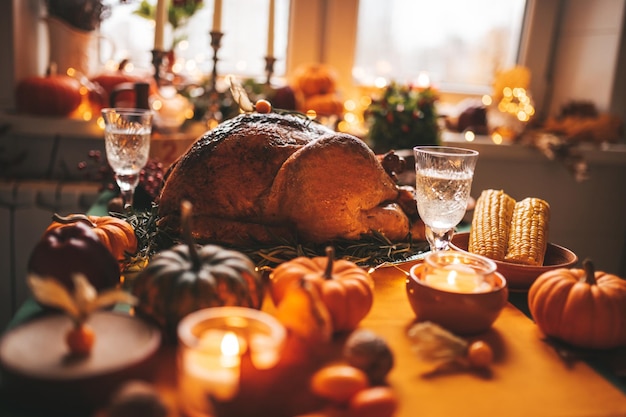 Świąteczny stół obiadowy z dekoracją jesienną i dyniami