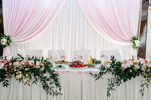 Świąteczny stół ozdobiony kompozycją różowych kwiatów i zieleni w sali bankietowej Stół nowożeńców w części bankietowej na weselu