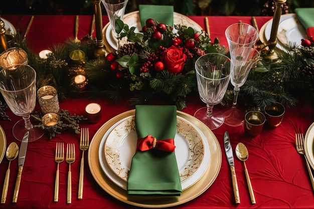 Świąteczny stół scape elegancki formalny stół do obiadu nakrycie stołu z dekoracją świąteczną na imprezę generatywną ai