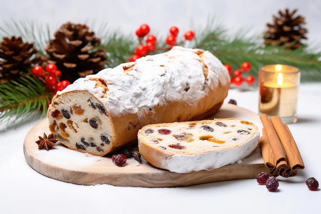 Świąteczny stollen z cukierkowanymi owocami na białym festiwalnym tle Pyszny deser na Boże Narodzenie
