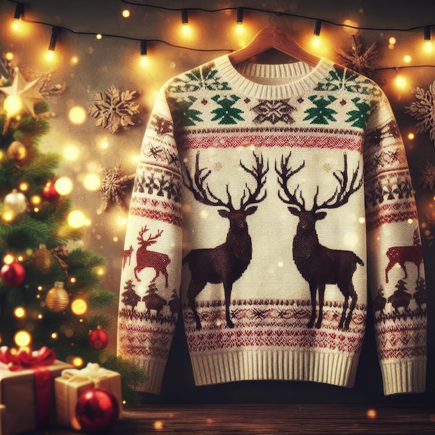 Świąteczny sweter z jeleniem i świecami Świąteczna dekoracja tła