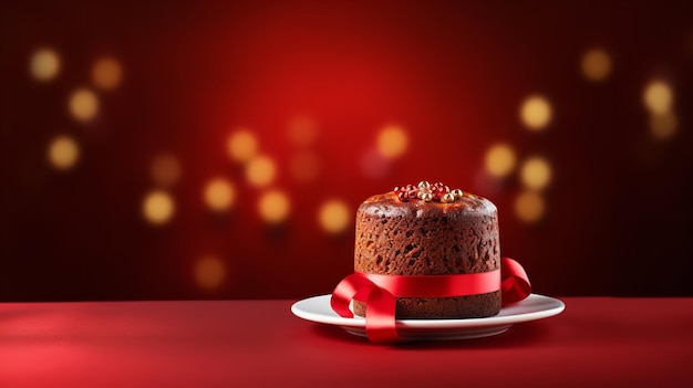 Świąteczny tort z czerwonego aksamitu z kremem na czerwonawym tle. Generatywna AI