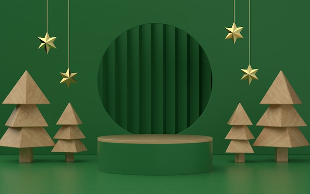 Świąteczny zielony motyw produktowy z drewnianym drzewem i gwiazdami na promo lub baner. ilustracja 3d