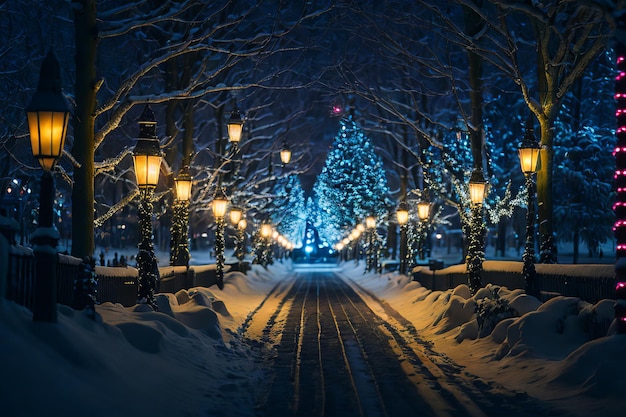 Świąteczny zimowy krajobraz miasta z oświetlonymi drzewami wśród świątecznych dekoracji
