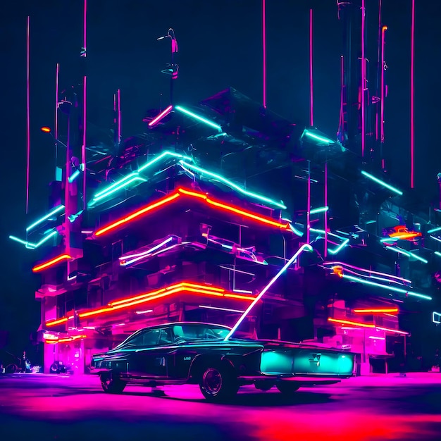 Światła bioluminescencyjne samochodów elektrycznych Futuristyczne miasto z billboardami Droga Hyperrealistyczna fantazja AI G