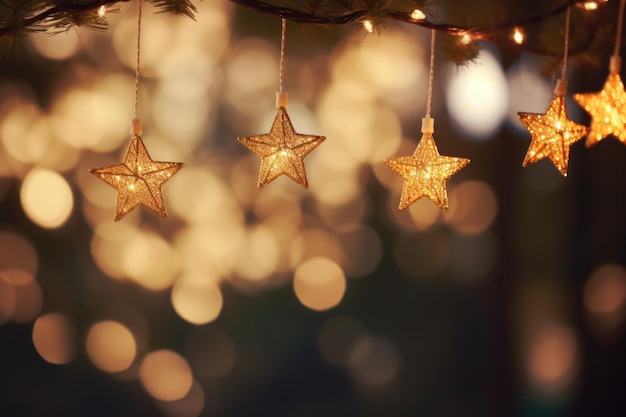 Światła bożonarodzeniowe, gwiazdy zawieszone na gałęziach sosny na abstrakcyjnym, rozmytym tle