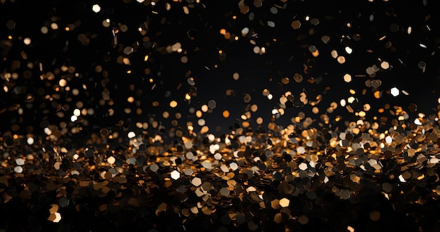 Światła konfetti padające na czarnym tle w stylu ciemnego złota i jasnego bursztynu