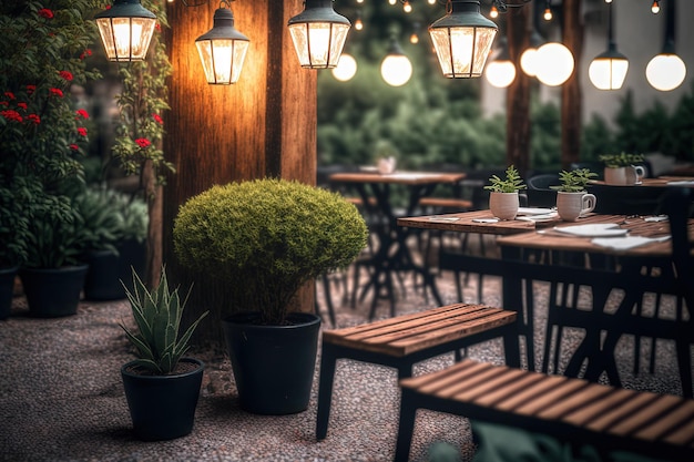 Światła ogrodowe na dziedzińcu restauracji sfotografowane techniką kąta oka