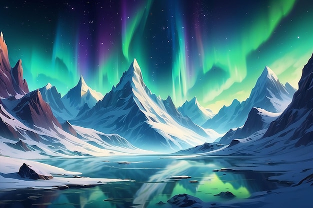 Światła północne nad śnieżnymi górami gry RPG abstrakcyjne tło