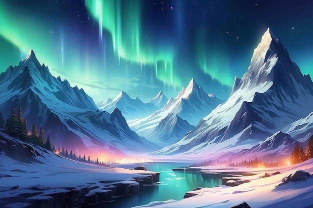 Światła północne nad śnieżnymi górami gry RPG abstrakcyjne tło