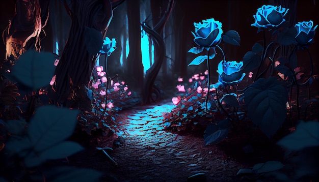 Światła róża Wysokiej rozdzielczości CG renderowanie ciemnego lasu róży ścieżka róży długie pływające niebieskie róże na ziemi