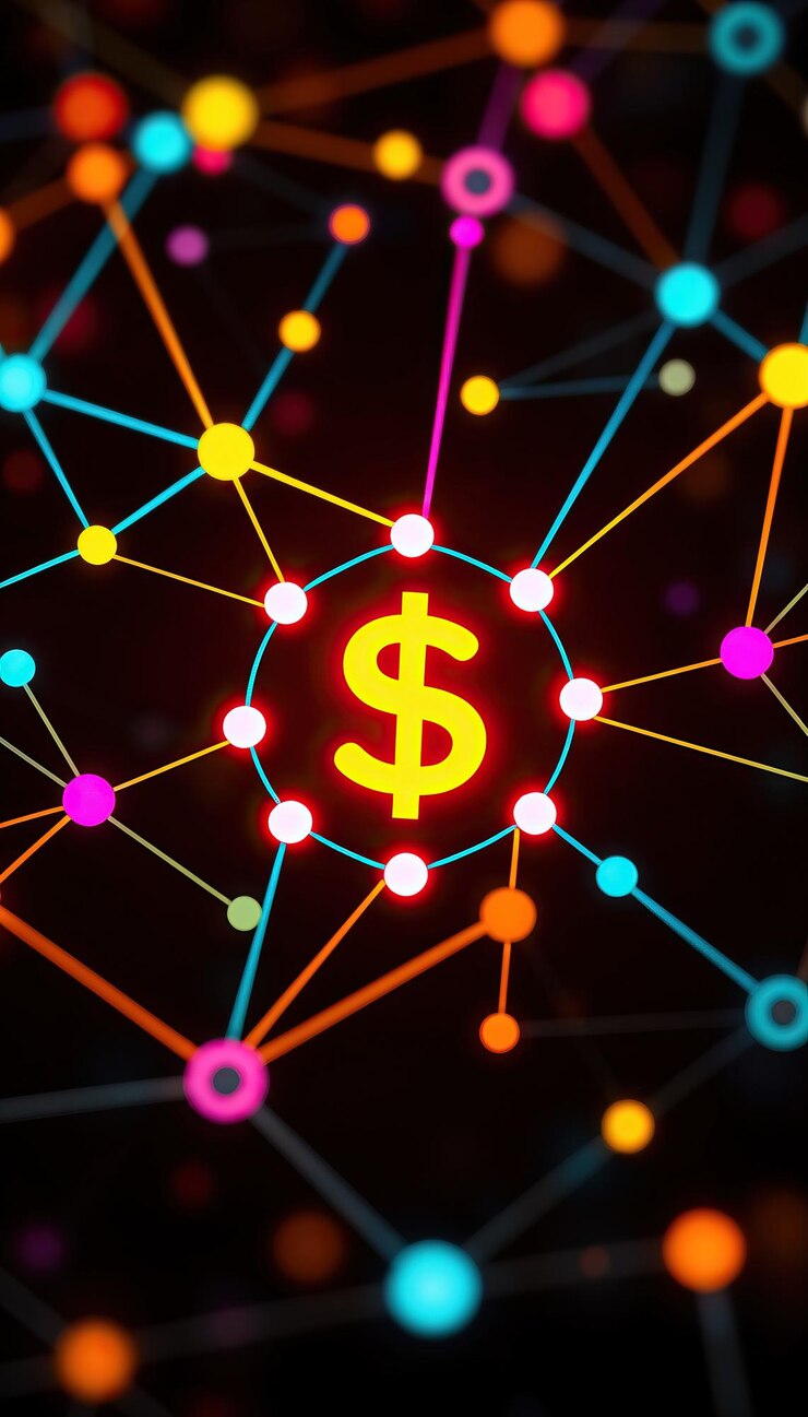 Światła sieć z znakiem dolara w centrum sieć finansowa blockchain i koncepcja kryptowaluty