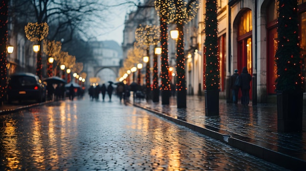 Zdjęcie Światła świąteczne na miejskiej alei w mroczną zimową noc w boże narodzenie generatywna sztuczna inteligencja