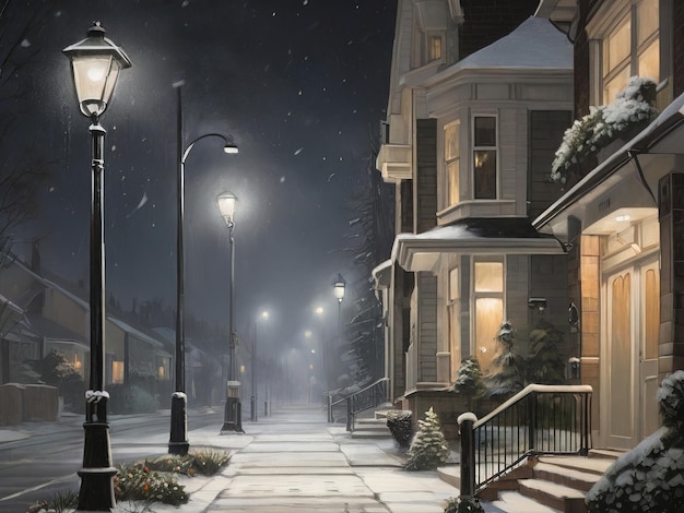 Światła uliczne w śnieżną zimową noc w mieście Cyfrowy obraz