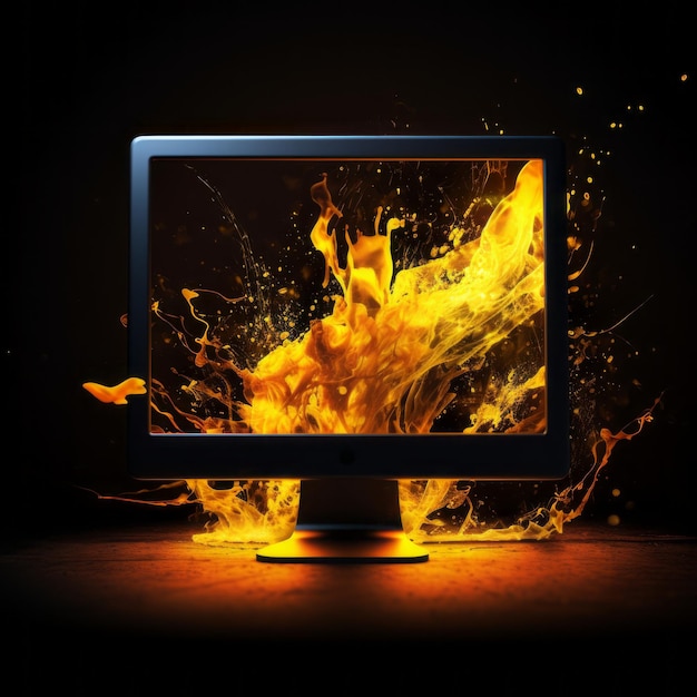 Światła żółta aura Przyciągający obraz czarnego ekranu monitora komputerowego otoczonego promieniowaniem