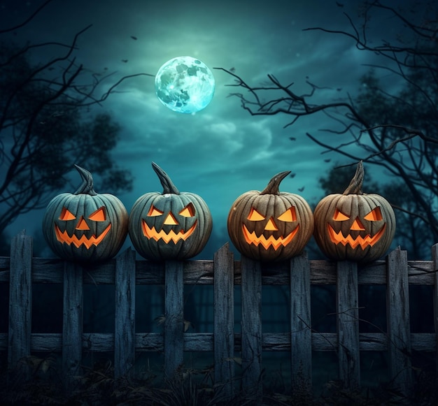 Światłe dyni halloween z przerażającymi twarzami wiszące na ogrodzeniu z wierzby generowane przez sztuczną inteligencję