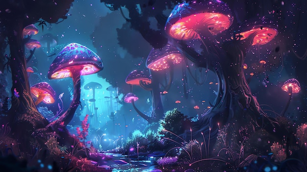 Światłe grzyby w magicznym lesie w nocy Grzyby mają różne rozmiary i kolory i emitują miękkie, eteryczne światło