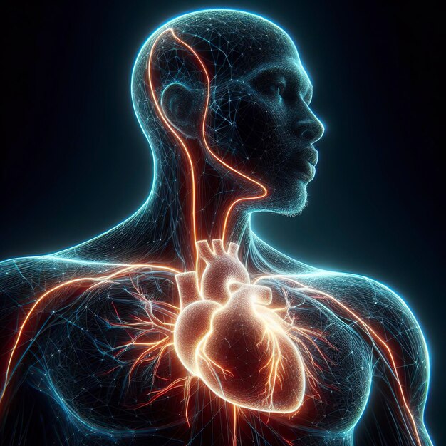 Światłe linie w ludzkim sercu 3D kształt na ciemnym tle