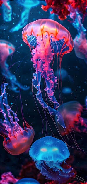 Światłe meduzy morskie na ciemnym tle generowane przez sieć neuronową