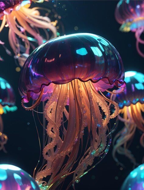 Światłe meduzy morskie na ciemnym tle sieci neuronowej