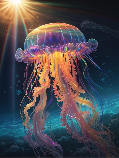 Światłe meduzy morskie na ciemnym tle sieci neuronowej
