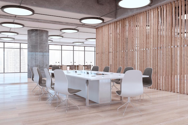 Światłe szkło i drewno biurowe wnętrze sali spotkań z meblami drewniane podłogi i okna z światłem dziennym 3D Rendering