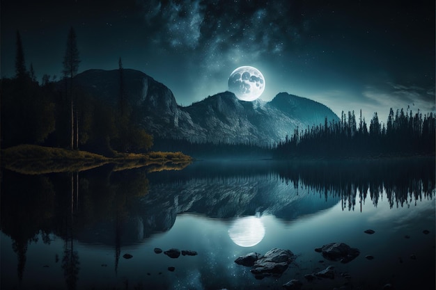 światło księżyca nad jeziorem Lśnienie Księżyc w nocy Lasy Świecące gwiazdy
