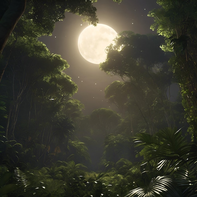 Zdjęcie Światło księżyca przenika przez baldachim, oświetlając jaskinię w dżungli.
