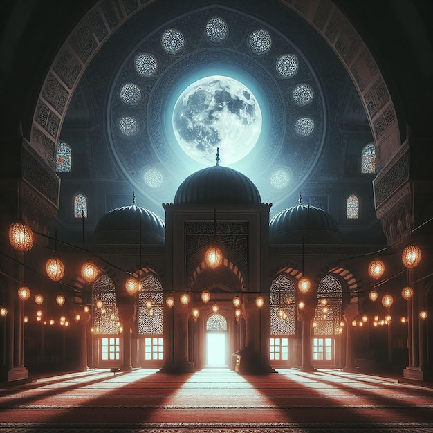 Światło księżyca świeci przez okno do meczetu.