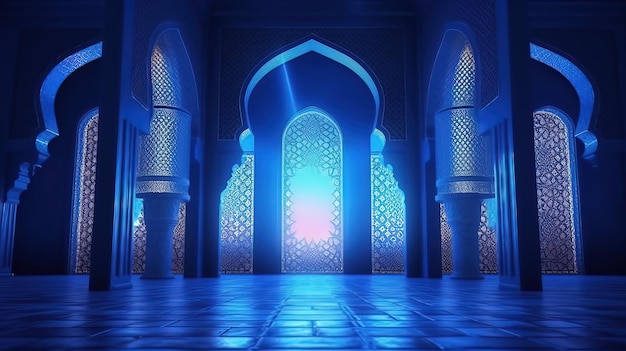 Światło księżyca świeci przez okno na islamskie tłoGenerative ai