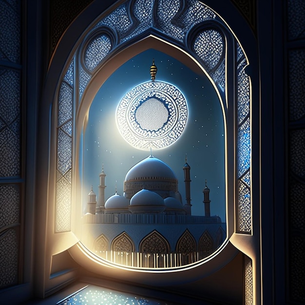 Światło księżyca wpada przez okno do wnętrza islamskiego meczetu
