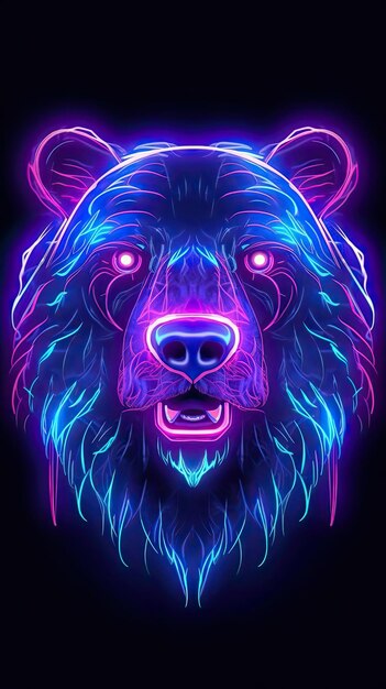 Światło neonowe Czarne zwierzę niedźwiedzia na czarnym tle Portret zwierzęcia świetlnego Światło generatywne sztuka AI