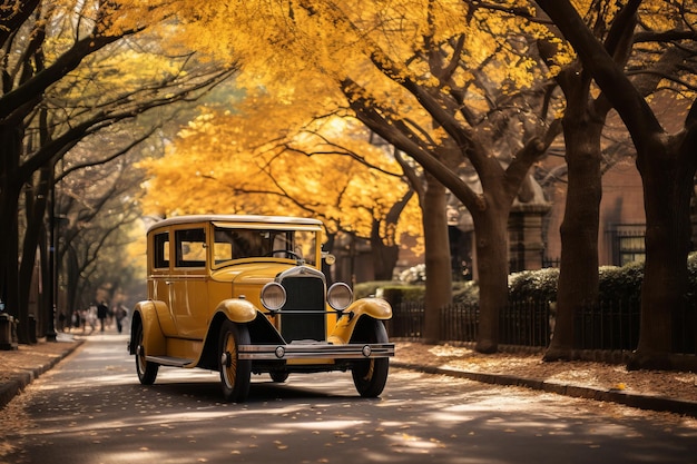 Światło pod urzekającą jesienną scenerią, gdy samochód przemierza Uniwersytet w Tokio"