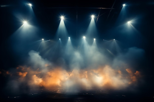 Światło reflektorowe na scenie z promieniami laserowymi i dymem Oświetlenie sceny Tło sceny
