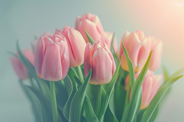 Światło różowe bukiet tulipanów na prostym tle nakręcone miękkim światłem i płytką głębokością pola