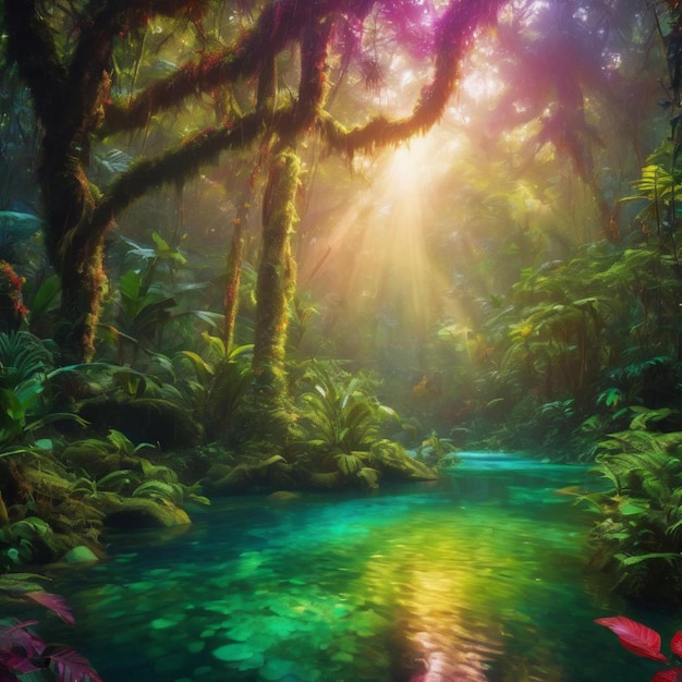 Światło słoneczne filtruje przez drzewa w lesie tropikalnym
