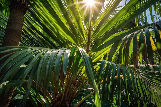 Światło słoneczne nad zielonymi liśćmi palm na tle nieba