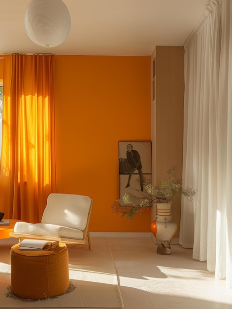 Światło słoneczne oświetla ciepły pomarańczowy salon, tworząc wesołą atmosferę z współczesnymi meblami