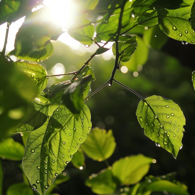 Światło słoneczne przenika przez zielone liście posypane kropelkami wody, rzucając promienie światła w spokojną scenę lasu.