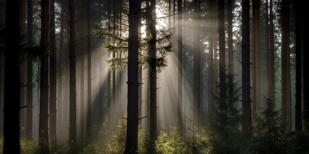 Światło słoneczne świecące przez drzewa w lesie