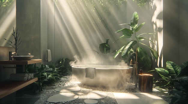 Światło słoneczne świeci przez okno na kąpiel w łazience generatywny ai