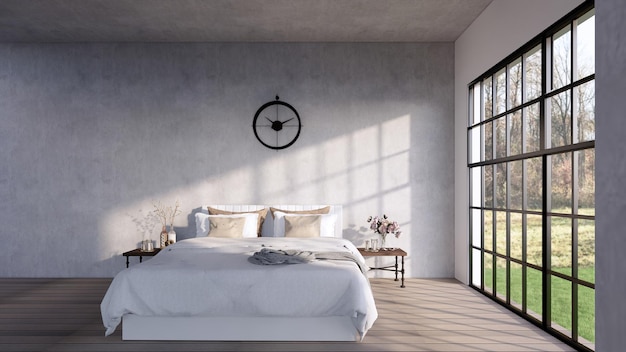 Światło słoneczne wpada do eleganckiej industrialnej sypialni z cementowymi ścianami