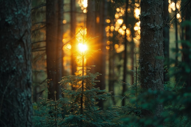 Światło słoneczne zaglądające przez drzewa leśne