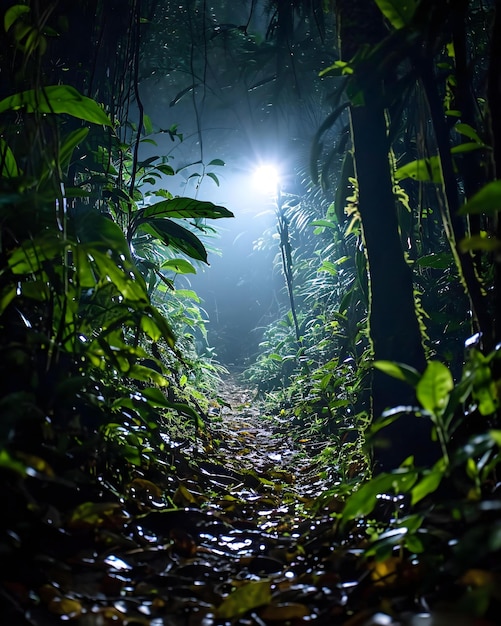 Światło świeci w środku ciemnego lasu.